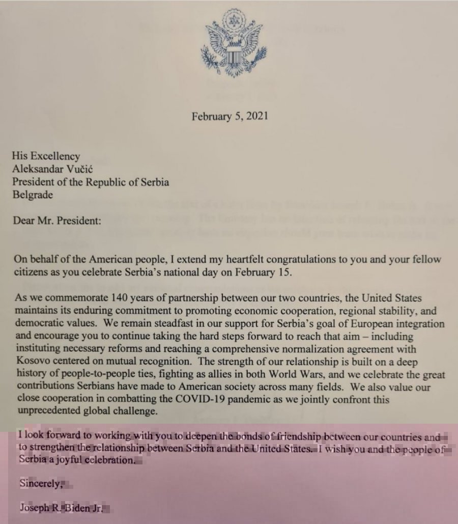 biden letter serbia kosovo vucic