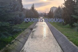Tirana Installs Sculpture with President Bush’s ‘Enough Is Enough’ Call for Kosovo’s Independence