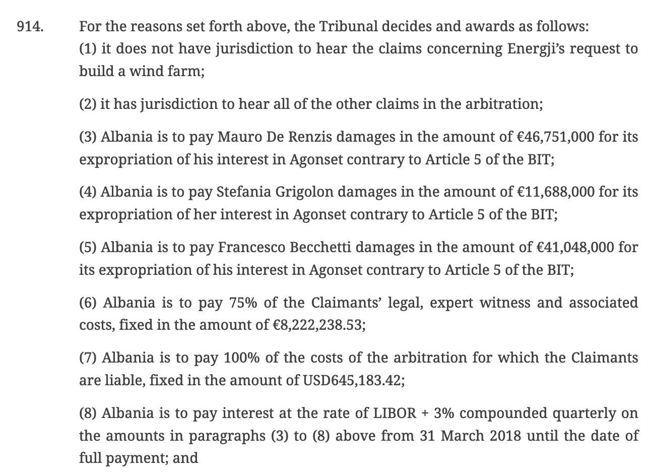 Screenshot of Award in the arbitration case of Hydro Srl et al. against the Republic of Albania