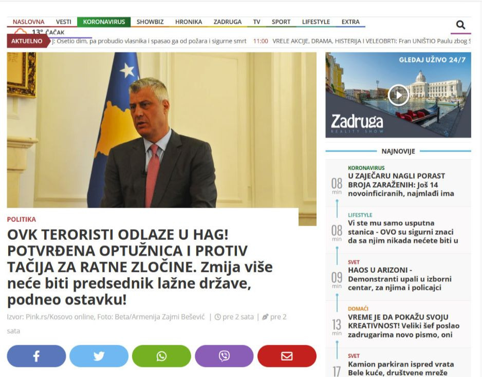 Si e pasqyruan dorëheqen e presidentit Thaçi mediat serbe